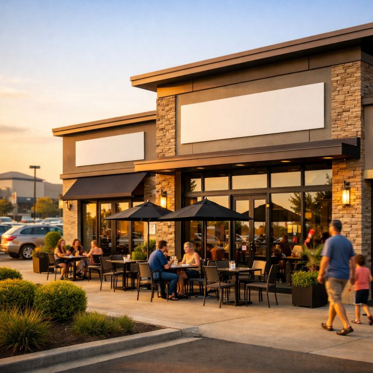 lease rstaurant. Exterior view of a suburban shopping center with outdoor dining and available restaurant storefronts at golden hour near a busy retail corridor.