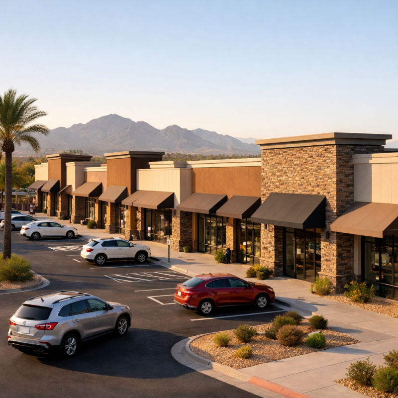 Lease Exterior view of a modern shopping center with parking and storefronts in a suburban Nevada setting.